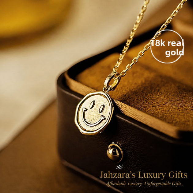 18K Gold Smiley Face Pendant Necklace — Luxury Wax Seal Charm