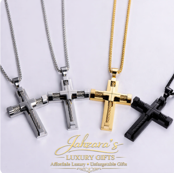 Men's Cross Pendant Necklace - 316L Stainless Steel Cable Wire Design | Silver, Gold, Black & Two-Tone