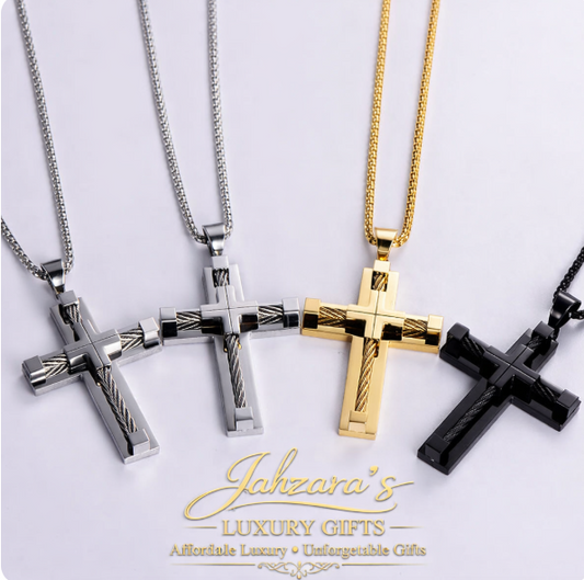 Men's Cross Pendant Necklace - 316L Stainless Steel Cable Wire Design | Silver, Gold, Black & Two-Tone
