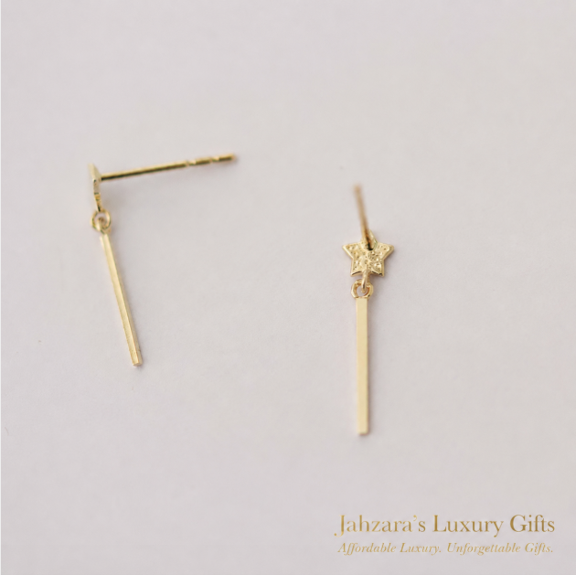 9K Gold Star & Bar Drop Earrings | Celestial Dangle Studs