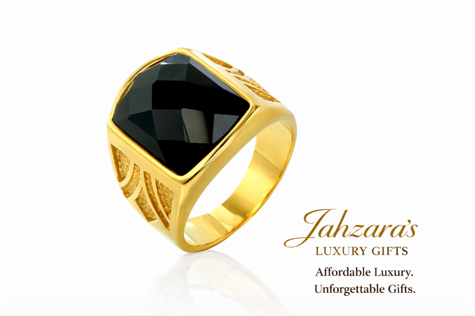 Men's Gold Black Stone Signet Ring — Stainless Steel | 20mm Bold Signet | Sizes 7–12