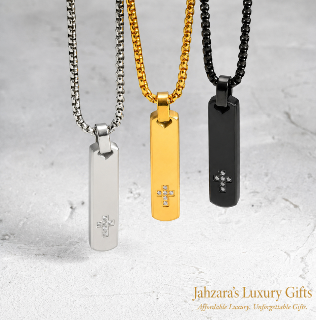 Geometric Cross Pendant Necklace — PVD Gold Stainless Steel Square Pearl Chain