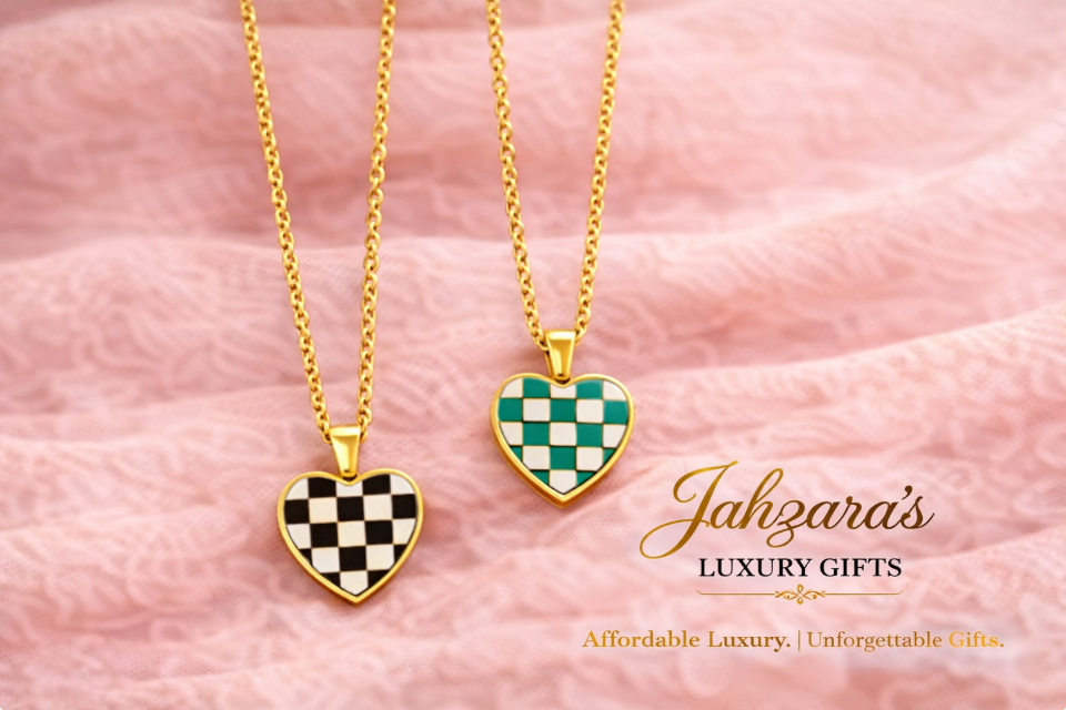 Checkered Heart Necklace — 18K Gold Plated | Black & Turquoise | Stainless Steel