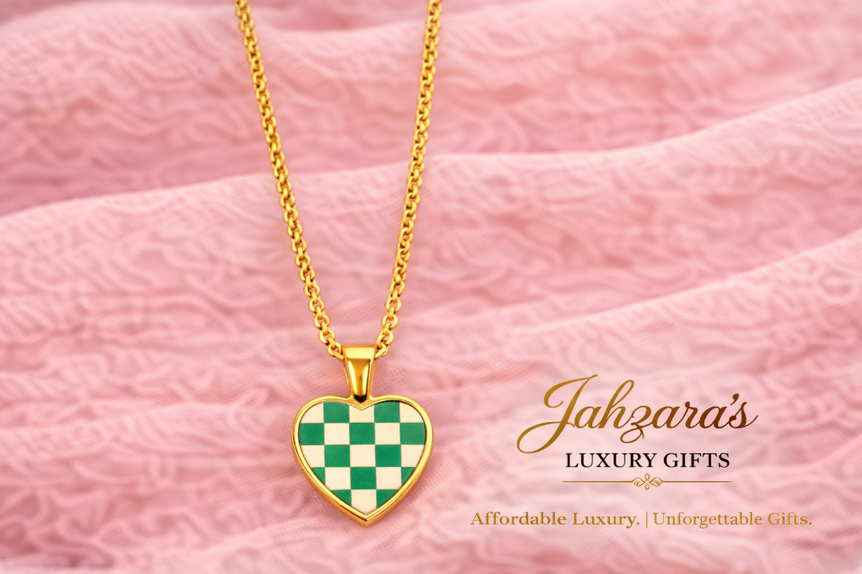 Checkered Heart Necklace — 18K Gold Plated | Black & Turquoise | Stainless Steel
