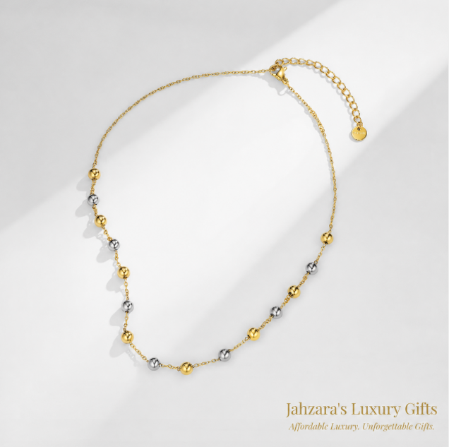 Two-Tone Gold & Silver Bead Station Necklace | PVD Gold 304 Stainless Steel | Waterproof