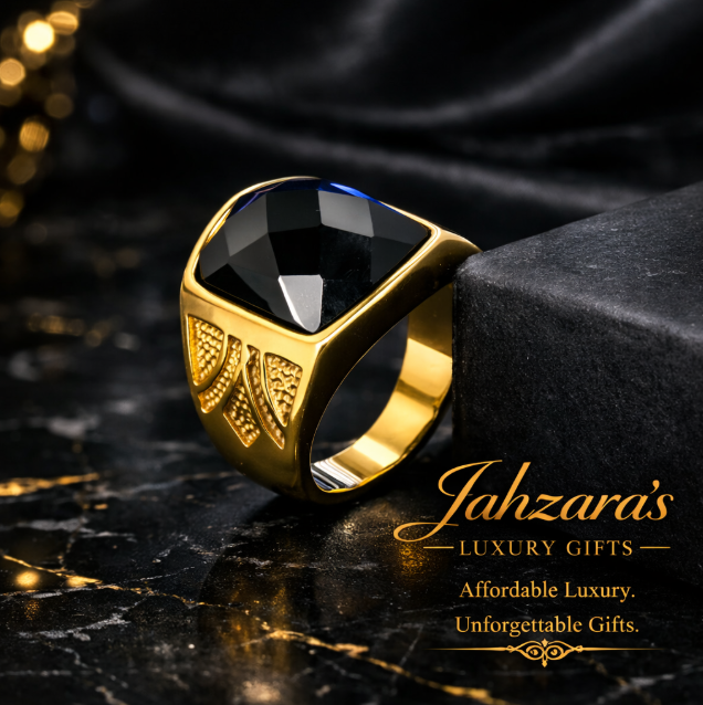 Men's Gold Black Stone Signet Ring — Stainless Steel | 20mm Bold Signet | Sizes 7–12
