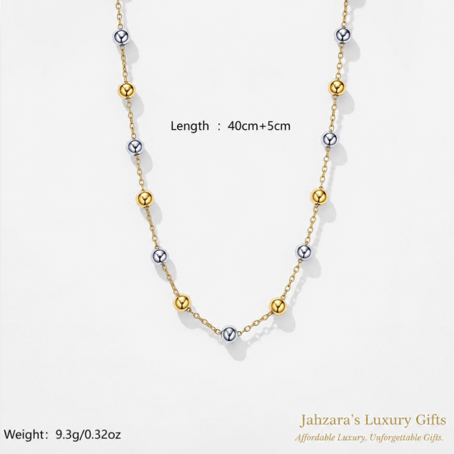 Two-Tone Gold & Silver Bead Station Necklace | PVD Gold 304 Stainless Steel | Waterproof