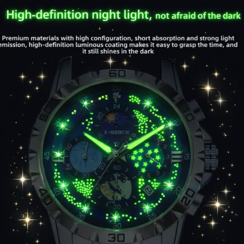 Gold Luminous Chronograph Watch | Moon Phase Dial Men's Luxury Watch