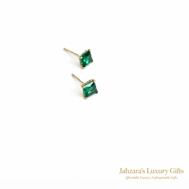 9K Gold Emerald Stud Earrings — May Birthstone Princess Cut Gem