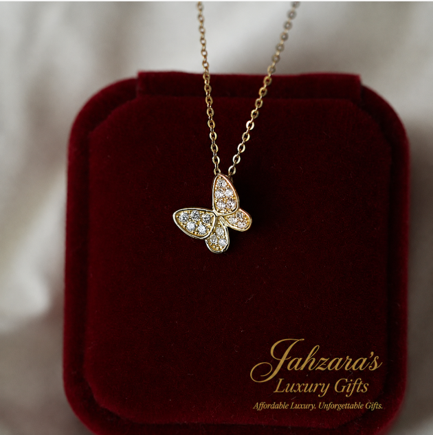 9K Gold Butterfly Pendant Necklace with Diamond Inlay