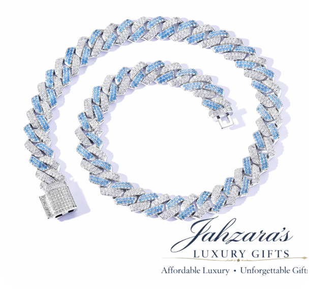 14mm Iced Out Diamond Cuban Link Chain - Blue & White Zircon or Silver | Hip Hop Luxury Necklace