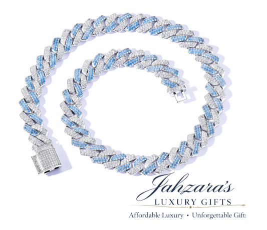 14mm Iced Out Diamond Cuban Link Chain - Blue & White Zircon or Silver | Hip Hop Luxury Necklace
