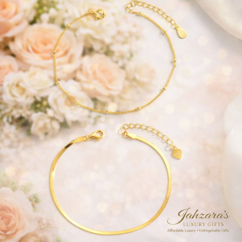 18K Gold Satellite & Snake Bone Bracelet Set | 925 Sterling Silver Women's Bracelet Duo