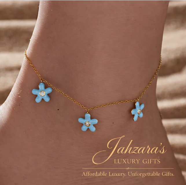 Blue Flower Charm Anklet — 925 Sterling Silver | Enamel & Zircon | Gold & Silver | Luxury Beach Jewelry