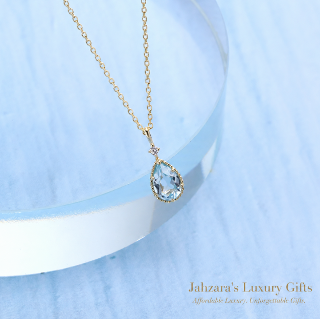 9K Gold Blue Topaz Teardrop Pendant Necklace — Natural Gemstone Luxury Jewelry