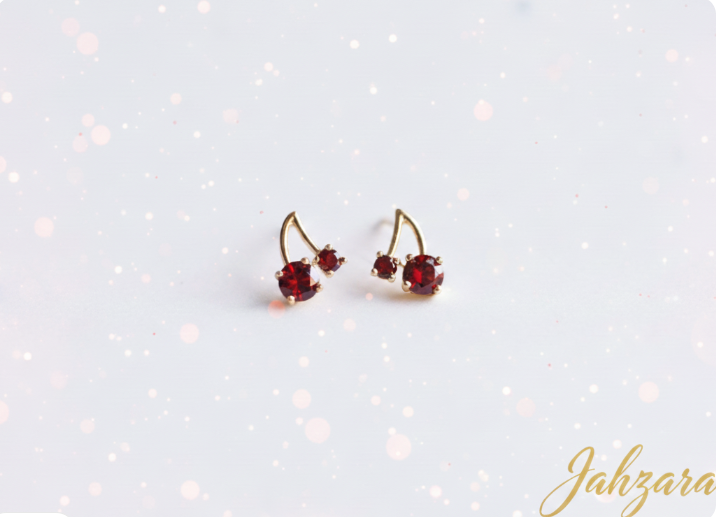 Cherry Red Gemstone Stud Earrings - Gold Plated | Elegant