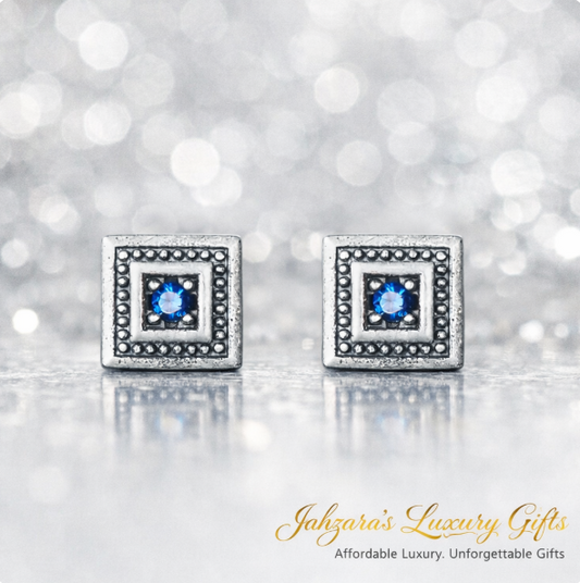 Vintage Blue Sapphire Square Stud Earrings - 925 Silver | Luxury Geometric Jewelry
