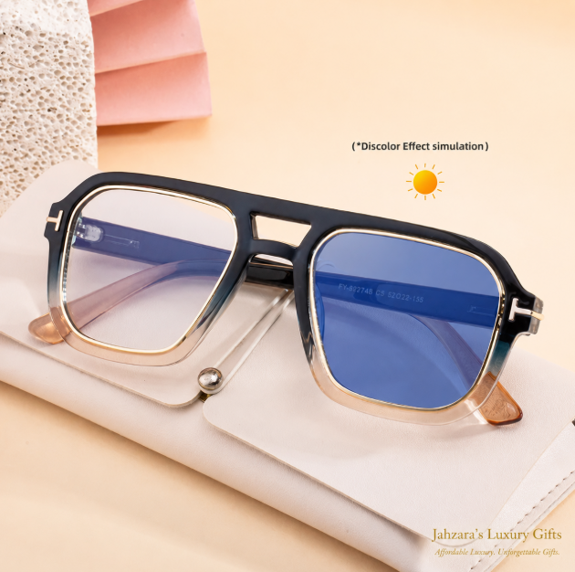 Photochromic Double Bridge Square Sunglasses — Color-Changing Luxury Frames