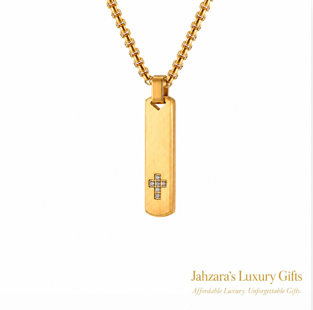 Geometric Cross Pendant Necklace — PVD Gold Stainless Steel Square Pearl Chain