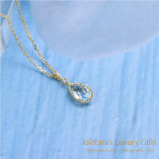 9K Gold Blue Topaz Teardrop Pendant Necklace — Natural Gemstone Luxury Jewelry
