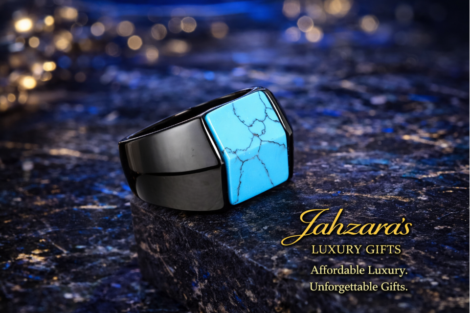 Men's Square Turquoise Signet Ring — Titanium Steel | Gold & Black | Sizes 7–12