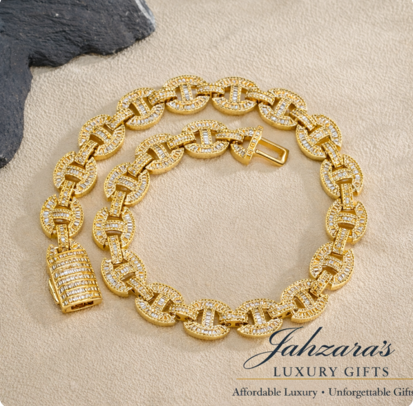 15mm Iced Out Baguette Mariner Link Chain Necklace - Gold or White Gold | Luxury Hip Hop Jewelry