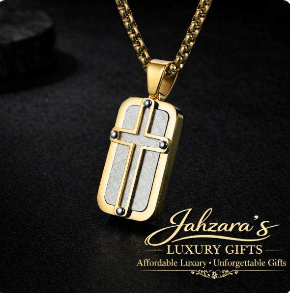 Men's Dog Tag Cross Pendant Necklace Set - Stainless Steel with Chain | Gold, Black & White, Black & Grey