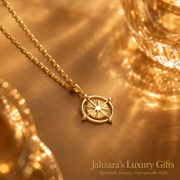 9K Gold North Star Compass Pendant Necklace | Moissanite Inlay