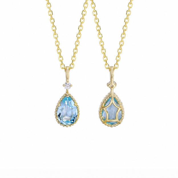 9K Gold Blue Topaz Teardrop Pendant Necklace — Natural Gemstone Luxury Jewelry