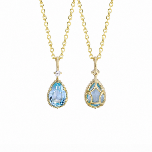 9K Gold Blue Topaz Teardrop Pendant Necklace — Natural Gemstone Luxury Jewelry