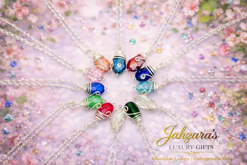 Silver Birthstone Necklace — Wire-Wrapped Crystal Pendant | All 12 Months | Fair Trade
