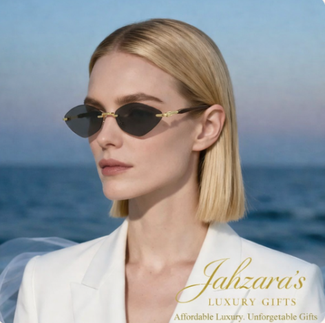 Rimless Diamond-Eye Luxury Sunglasses | Wood Temple | Gold Frame | Jahzara's Luxury Gifts