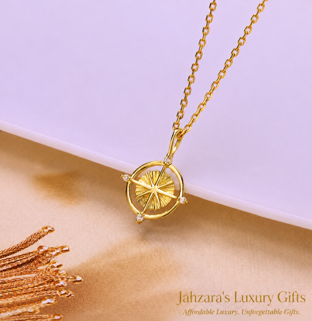 9K Gold North Star Compass Pendant Necklace | Moissanite Inlay