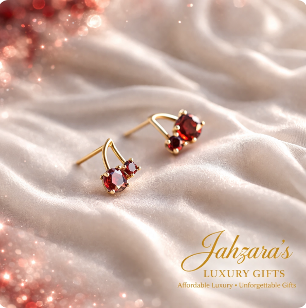 Cherry Red Gemstone Stud Earrings - Gold Plated | Elegant