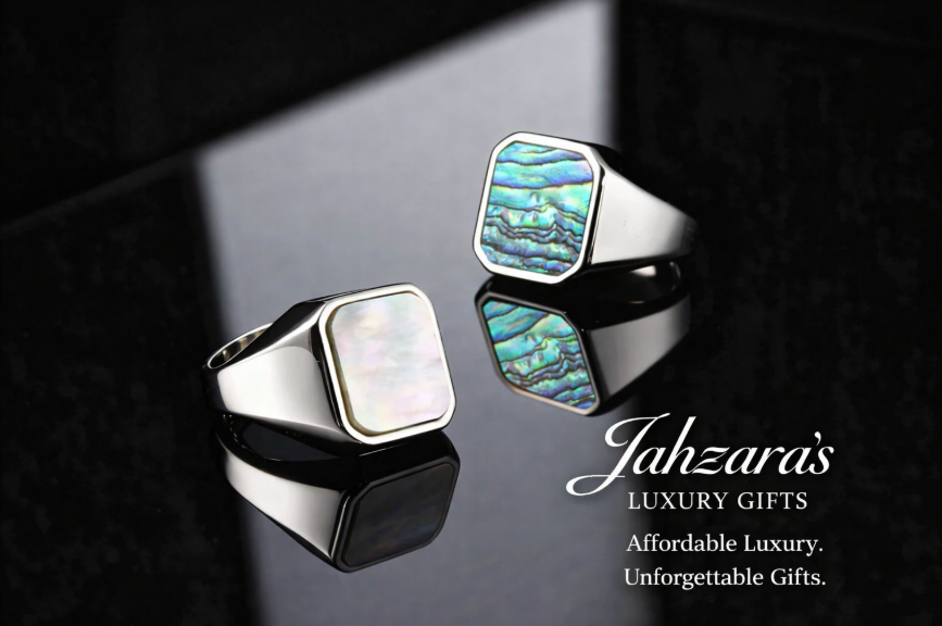 Men's Shell Inlay Signet Ring — Stainless Steel | Abalone & Mother of Pearl | Sizes 7–12