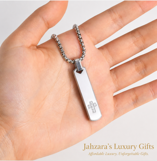 Geometric Cross Pendant Necklace — PVD Gold Stainless Steel Square Pearl Chain