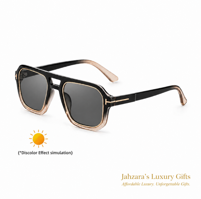 Photochromic Double Bridge Square Sunglasses — Color-Changing Luxury Frames