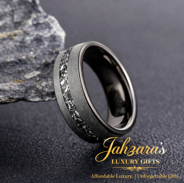 Sandblasted Tungsten Ring with Crushed Aluminum Ash Inlay — 8mm | Black & Silver