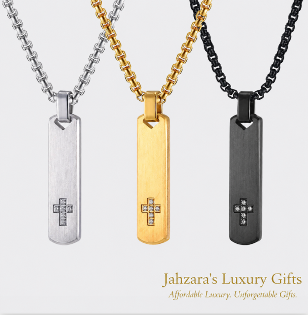 Geometric Cross Pendant Necklace — PVD Gold Stainless Steel Square Pearl Chain