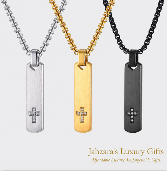 Geometric Cross Pendant Necklace — PVD Gold Stainless Steel Square Pearl Chain