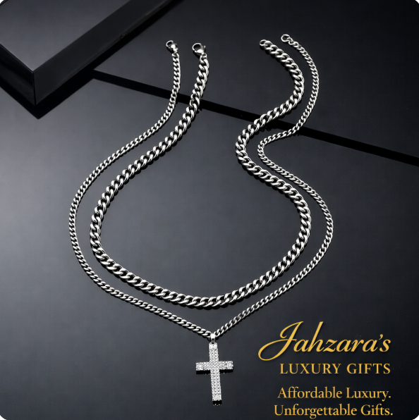 Iced Out Cross Double Layer Cuban Chain Necklace Set | Stainless Steel Men's Faith Jewelry