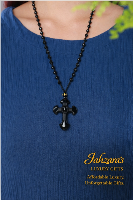 Natural Obsidian Cross Pendant Necklace | Black Bead Chain | Unisex Luxury Faith Jewelry