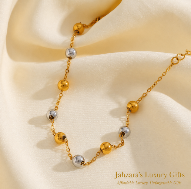 Two-Tone Gold & Silver Bead Station Necklace | PVD Gold 304 Stainless Steel | Waterproof