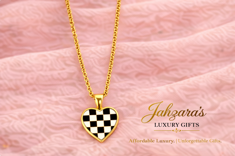 Checkered Heart Necklace — 18K Gold Plated | Black & Turquoise | Stainless Steel