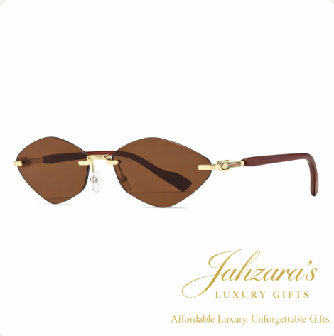 Rimless Diamond-Eye Luxury Sunglasses | Wood Temple | Gold Frame | Jahzara's Luxury Gifts