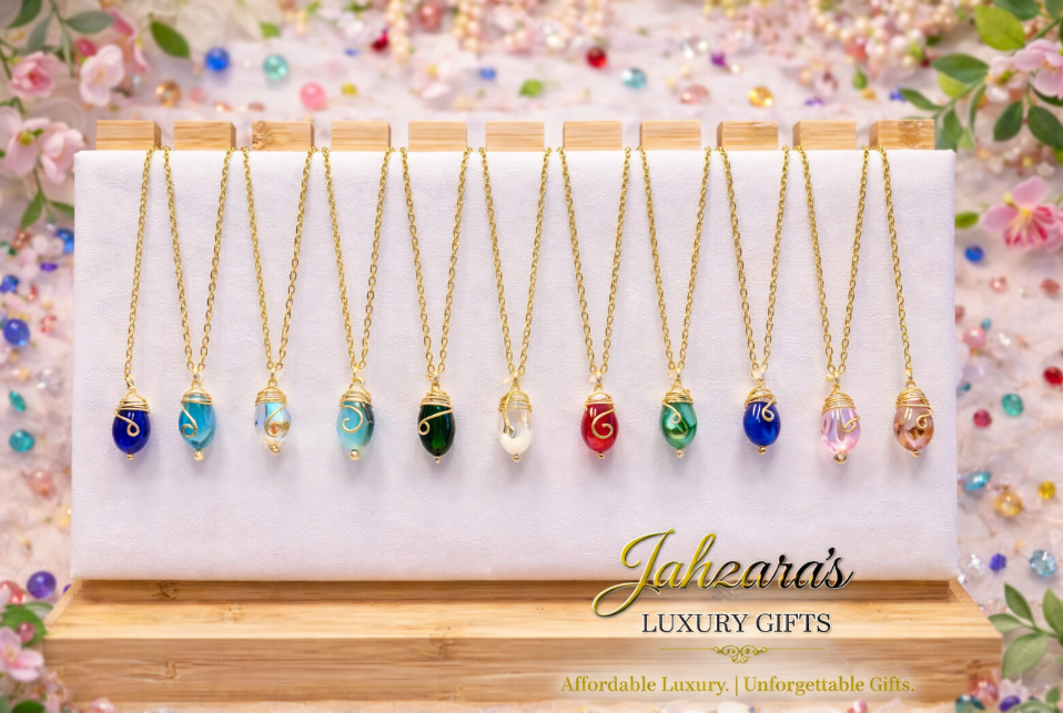 Gold Birthstone Necklace — Wire-Wrapped Crystal Pendant | All 12 Months | Fair Trade