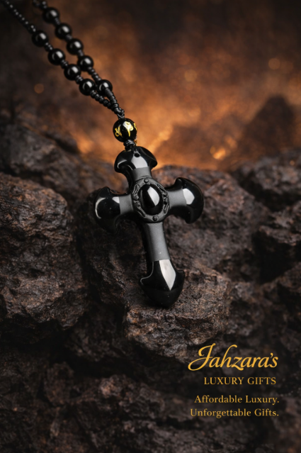 Natural Obsidian Cross Pendant Necklace | Black Bead Chain | Unisex Luxury Faith Jewelry