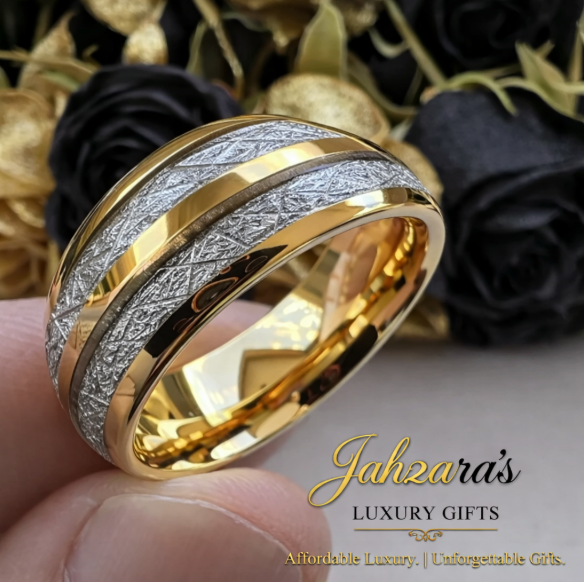 Gold Tungsten Carbide Ring with Meteorite Silver Inlay — 8mm | Unisex