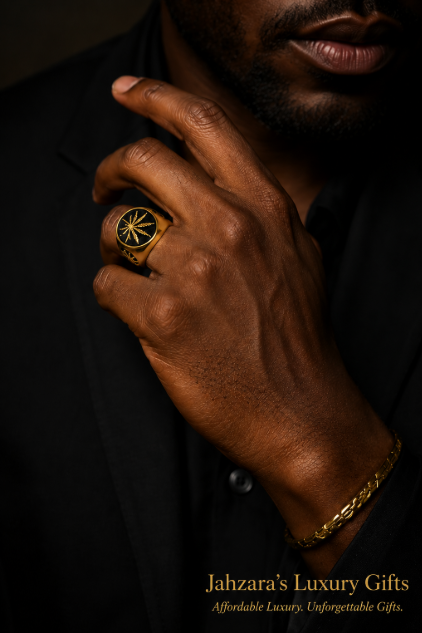 Men's Gold Botanical Leaf Signet Ring | Titanium Steel | Luxury | Jahzara's Luxury Gifts