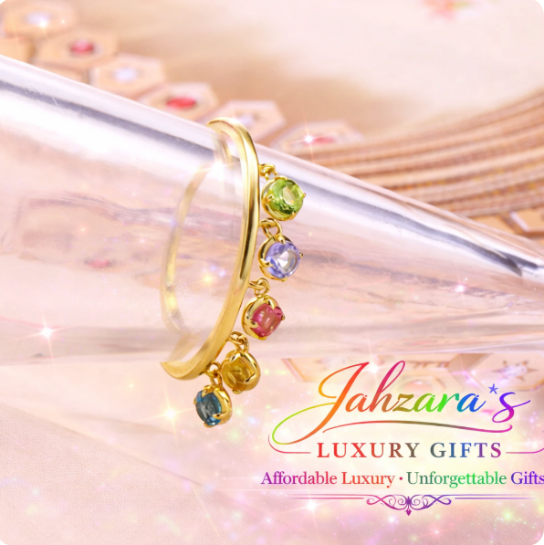Rainbow Crystal Tassel Ring - Gold Plated Statement Ring with Colorful Gemstone Charms | Adjustable Open Band